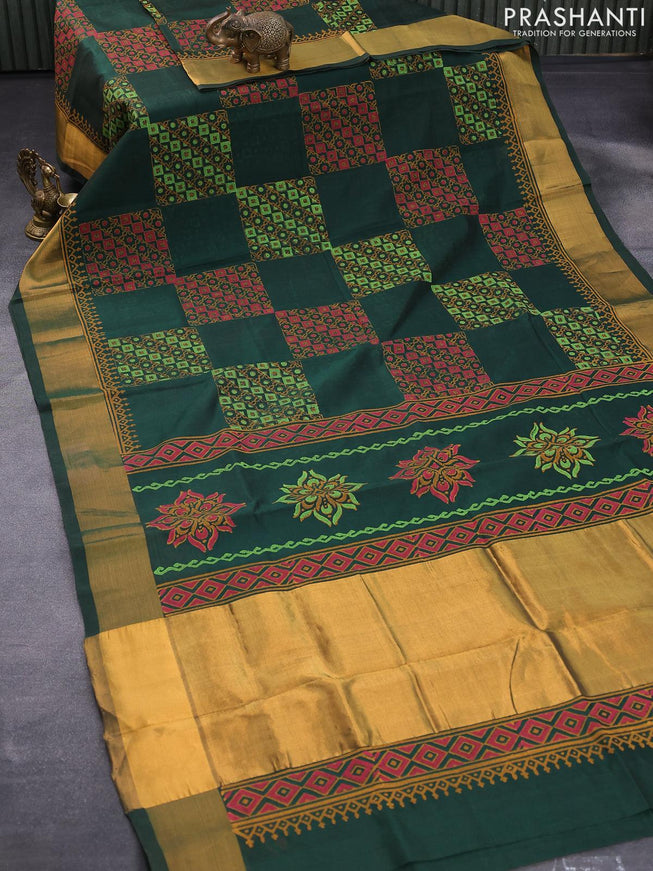 Silk cotton block printed saree bottle green with box type butta prints and zari woven border