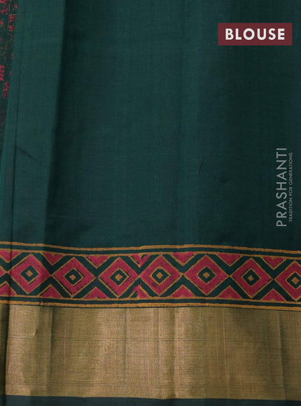 Silk cotton block printed saree bottle green with box type butta prints and zari woven border