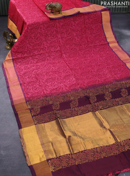 Silk cotton block printed saree pink shade and wine shade with allover prints and zari woven border