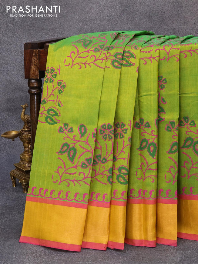 Silk cotton block printed saree light green and pink with allover prints and zari woven border