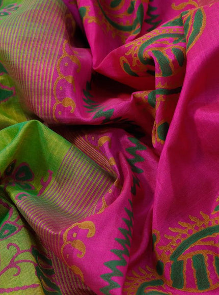 Silk cotton block printed saree light green and pink with allover prints and zari woven border