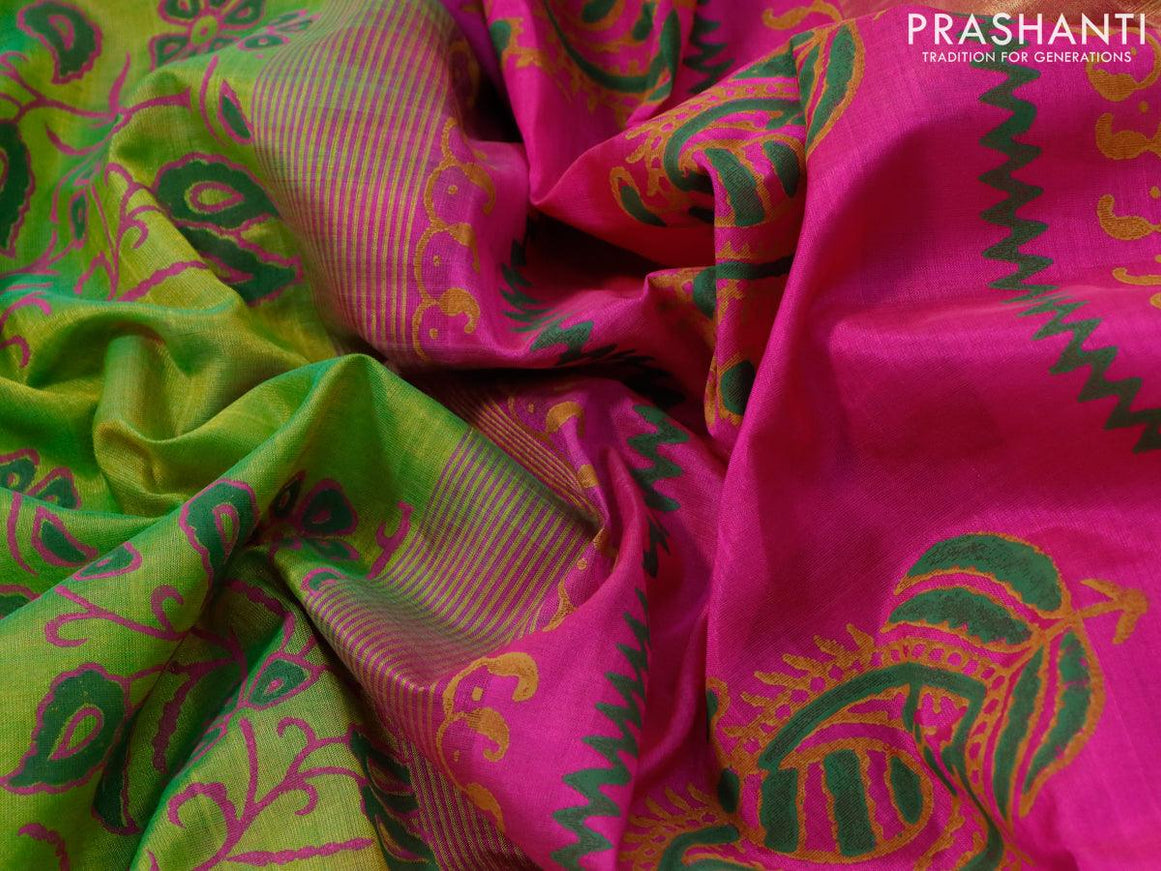 Silk cotton block printed saree light green and pink with allover prints and zari woven border