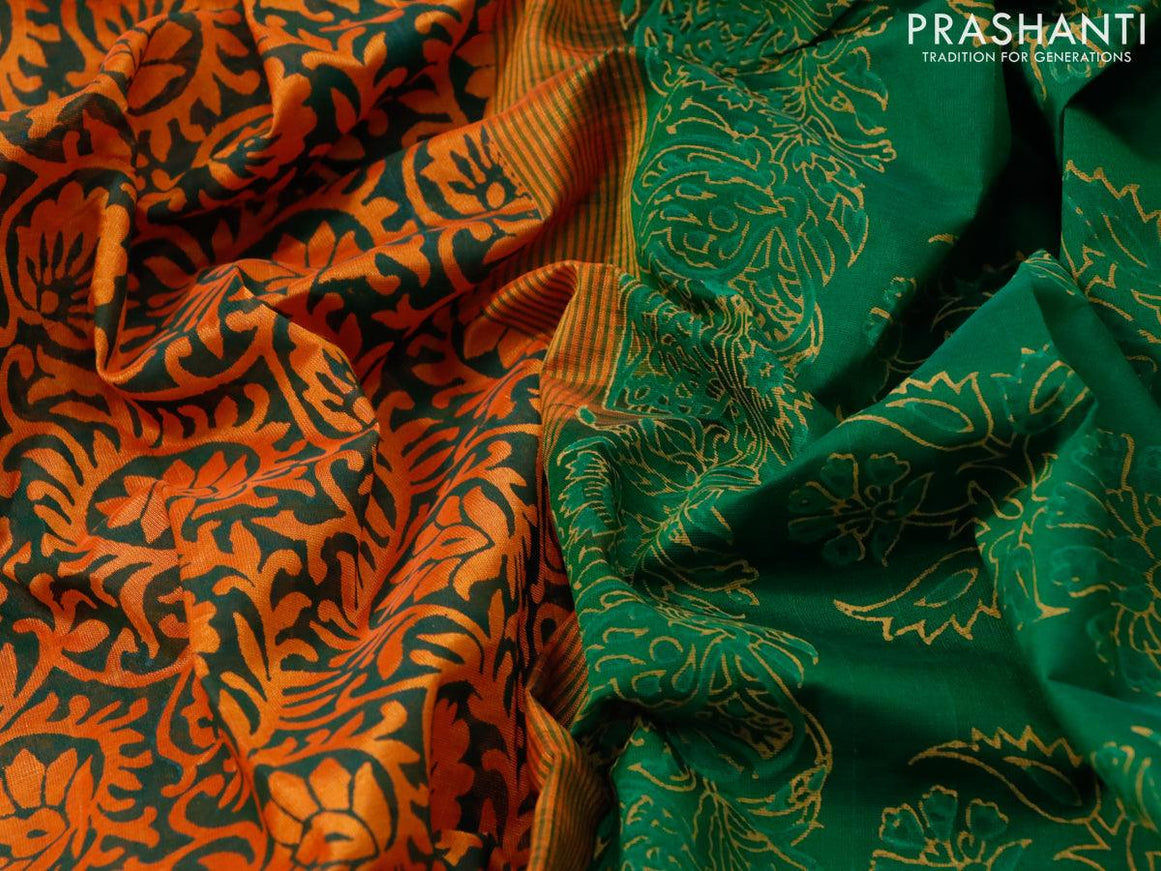 Silk cotton block printed saree orange and green with allover prints and zari woven border