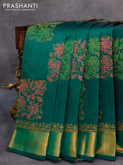 Silk cotton block printed saree green with allover prints and zari woven border