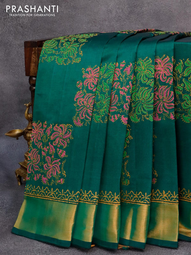 Silk cotton block printed saree green with allover prints and zari woven border