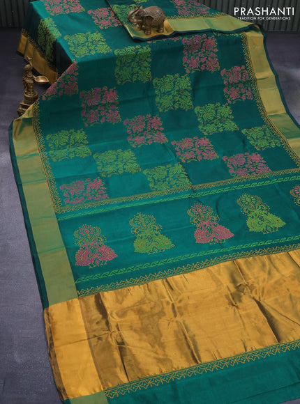 Silk cotton block printed saree green with allover prints and zari woven border