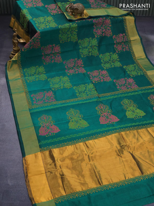 Silk cotton block printed saree green with allover prints and zari woven border