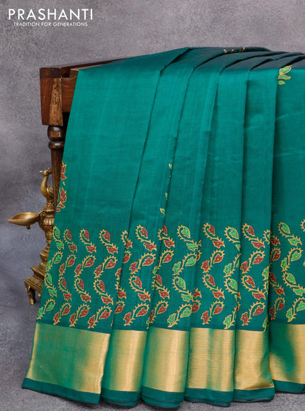 Silk cotton block printed saree green with allover prints and zari woven border