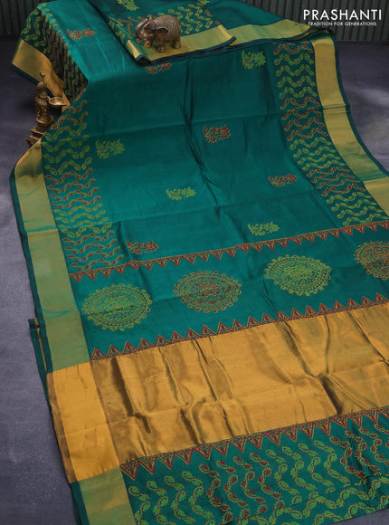 Silk cotton block printed saree green with allover prints and zari woven border