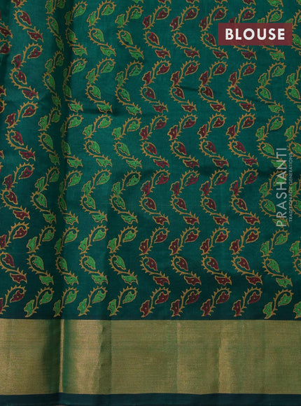 Silk cotton block printed saree green with allover prints and zari woven border