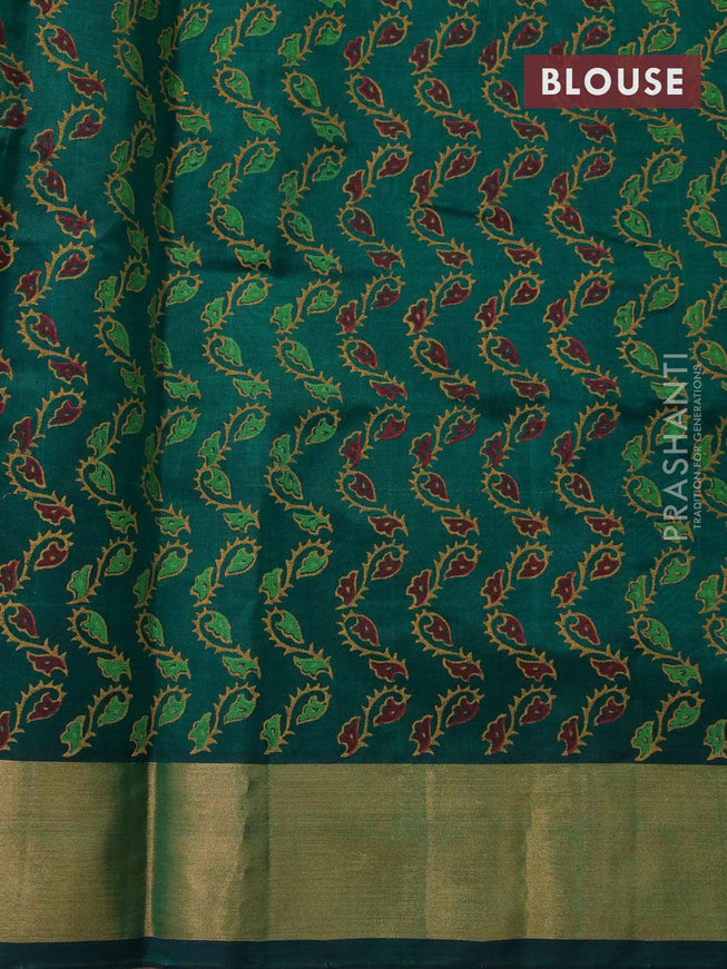 Silk cotton block printed saree green with allover prints and zari woven border