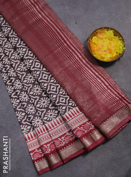 Semi gadwal saree brown shade and maroon with allover ikat weaves and zari woven border