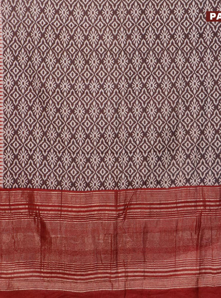 Semi gadwal saree brown shade and maroon with allover ikat weaves and zari woven border