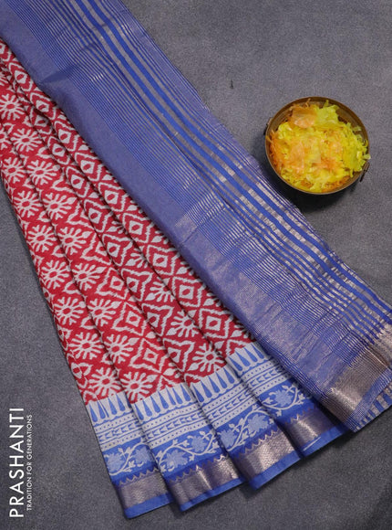 Semi gadwal saree red and blue with allover ikat weaves and zari woven border