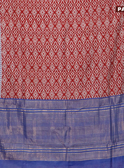 Semi gadwal saree red and blue with allover ikat weaves and zari woven border