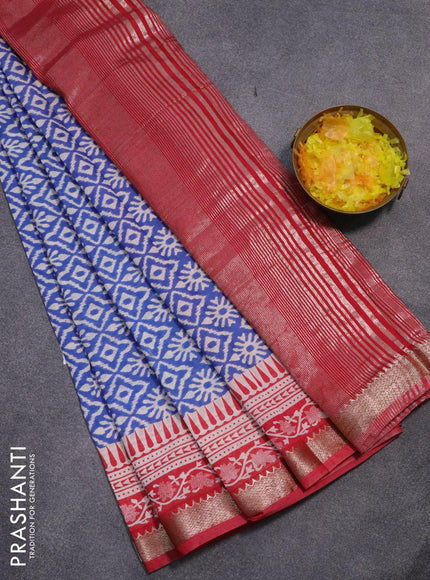 Semi gadwal saree blue and red with allover ikat weaves and zari woven border