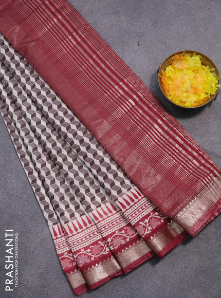 Semi gadwal saree off white coffee brown and maroon with allover geometric prints and zari woven border