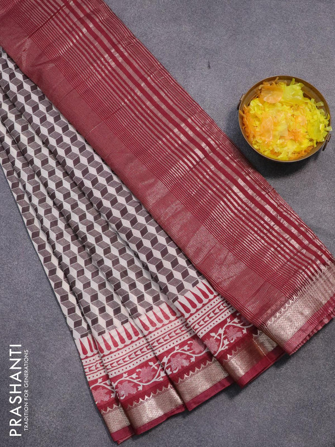 Semi gadwal saree off white coffee brown and maroon with allover geometric prints and zari woven border