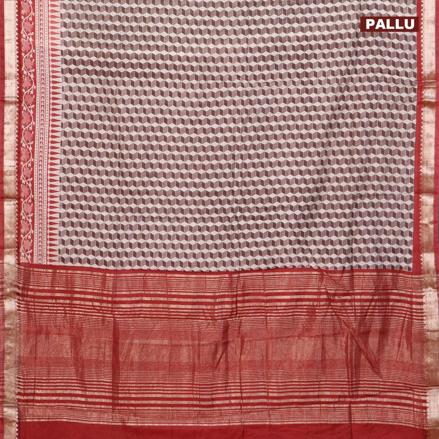 Semi gadwal saree off white coffee brown and maroon with allover geometric prints and zari woven border