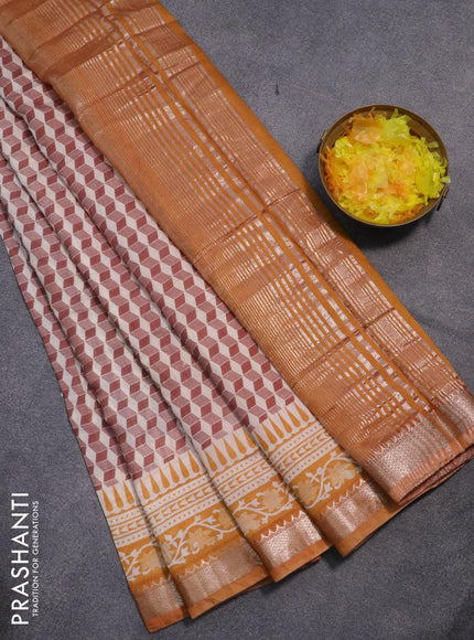 Semi gadwal saree off white brown and mustard yellow with allover geometric prints and zari woven border