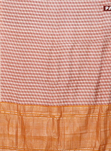 Semi gadwal saree off white brown and mustard yellow with allover geometric prints and zari woven border