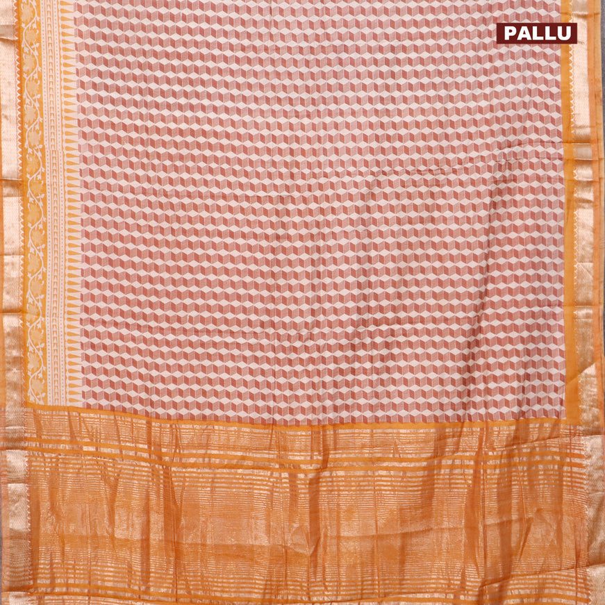 Semi gadwal saree off white brown and mustard yellow with allover geometric prints and zari woven border