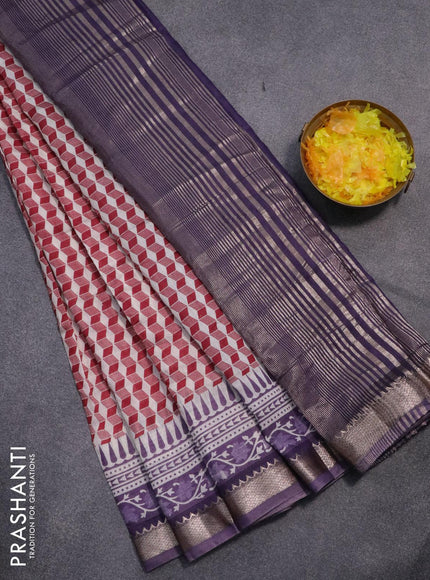 Semi gadwal saree off white maroon and jamun shade with allover geometric prints and zari woven border