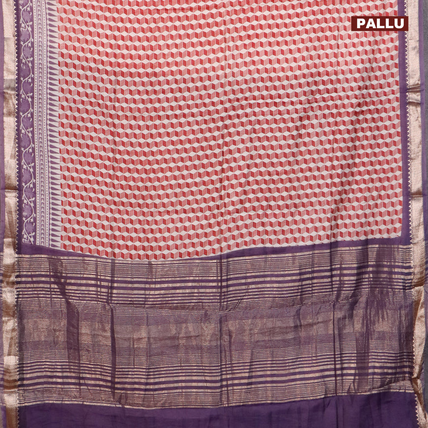 Semi gadwal saree off white maroon and jamun shade with allover geometric prints and zari woven border