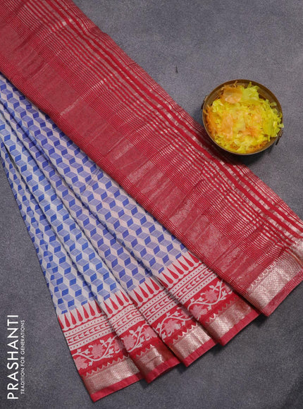 Semi gadwal saree off white blue and red with allover geometric prints and zari woven border