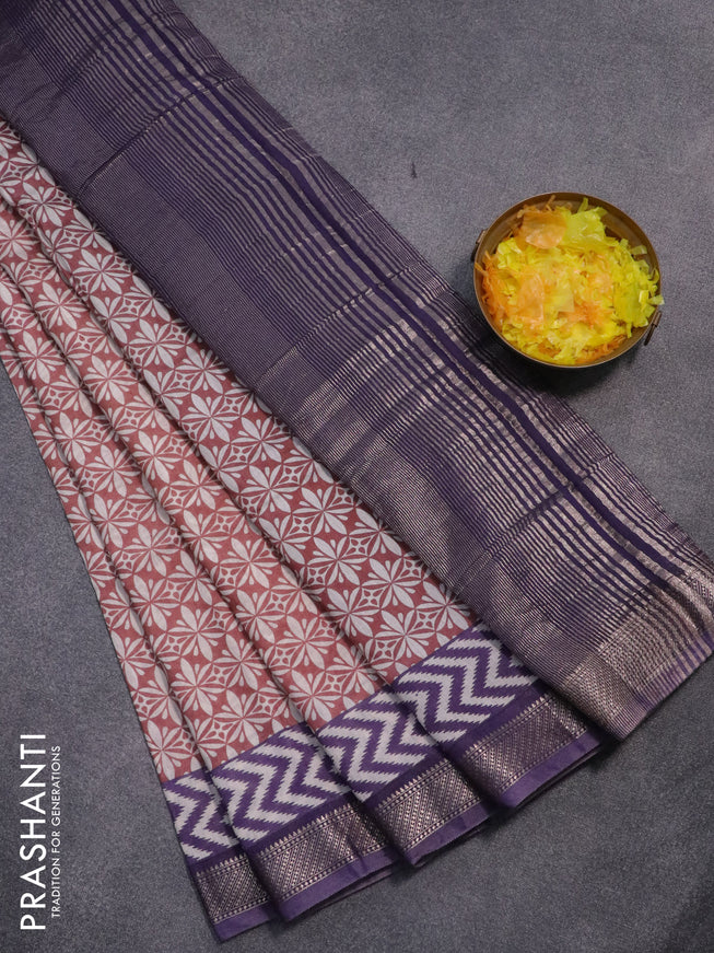 Semi gadwal saree pastel brown and blue shade with allover prints and zari woven border