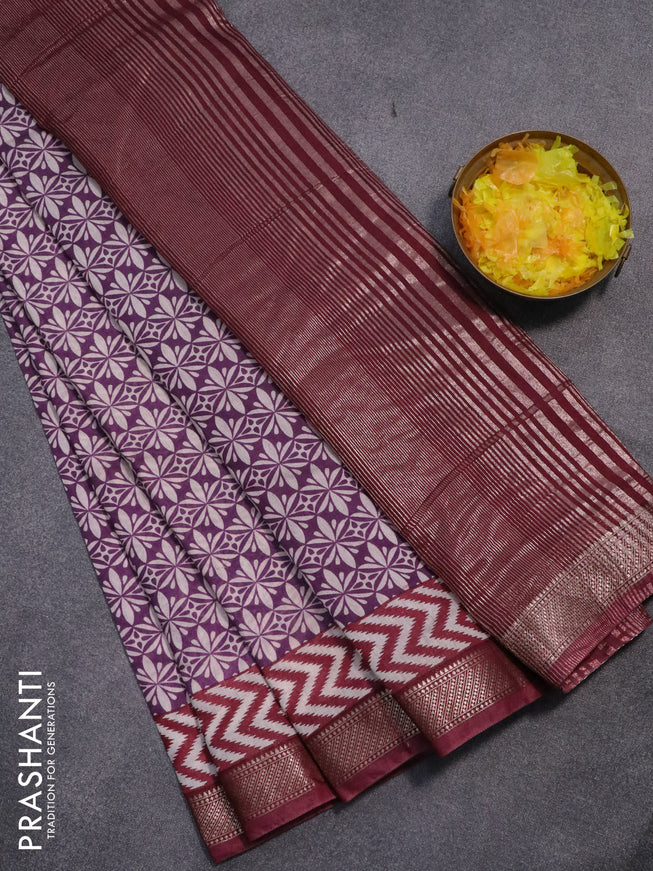 Semi gadwal saree violet shade and maroon with allover prints and zari woven border