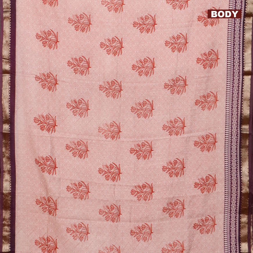 Semi gadwal saree off white pastel shade and wine shade with allover prints and zari woven border
