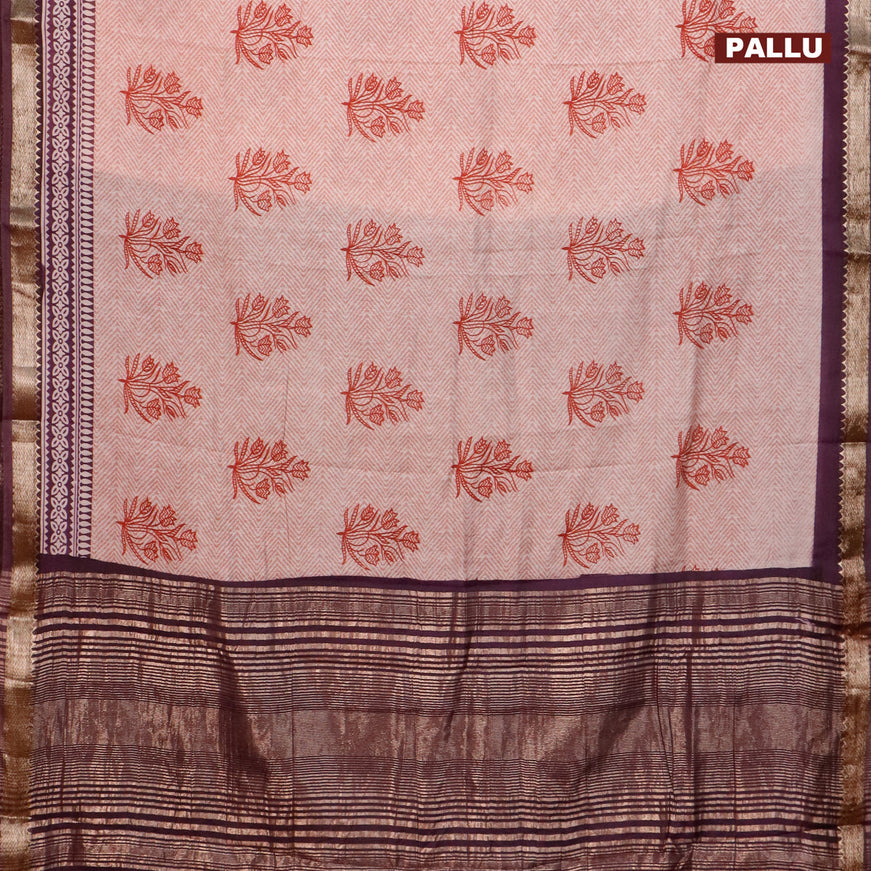Semi gadwal saree off white pastel shade and wine shade with allover prints and zari woven border