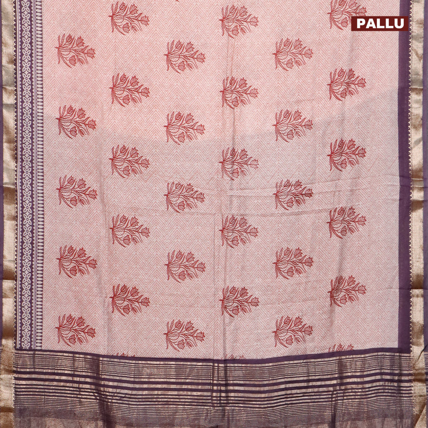 Semi gadwal saree off white pastel shade and navy blue with allover prints and zari woven border