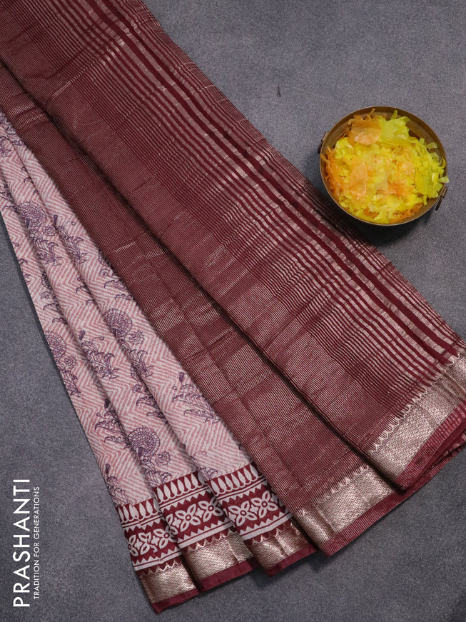 Semi gadwal saree pastel shade and maroon with allover prints and zari woven border