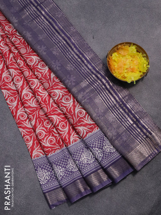 Semi gadwal saree red and blue shade with allover prints and zari woven border