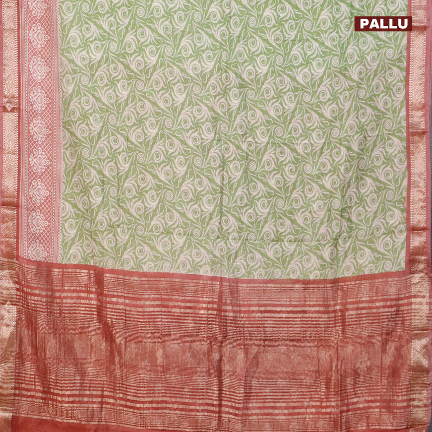 Semi gadwal saree green and pastel maroon with allover prints and zari woven border