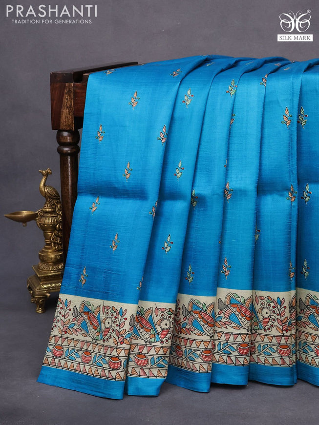 Madhubani printed silk saree cs blue and cream with butta prints and printed border