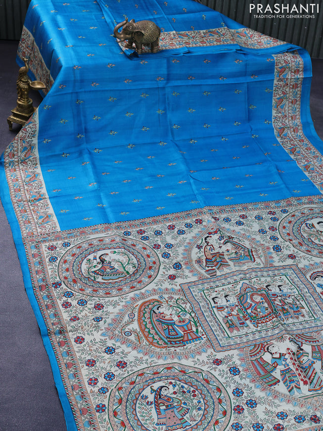 Madhubani printed silk saree cs blue and cream with butta prints and printed border