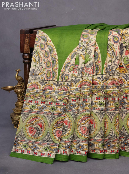 Madhubani printed silk saree light green and cream with allover prints and printed border