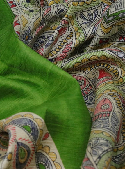 Madhubani printed silk saree light green and cream with allover prints and printed border