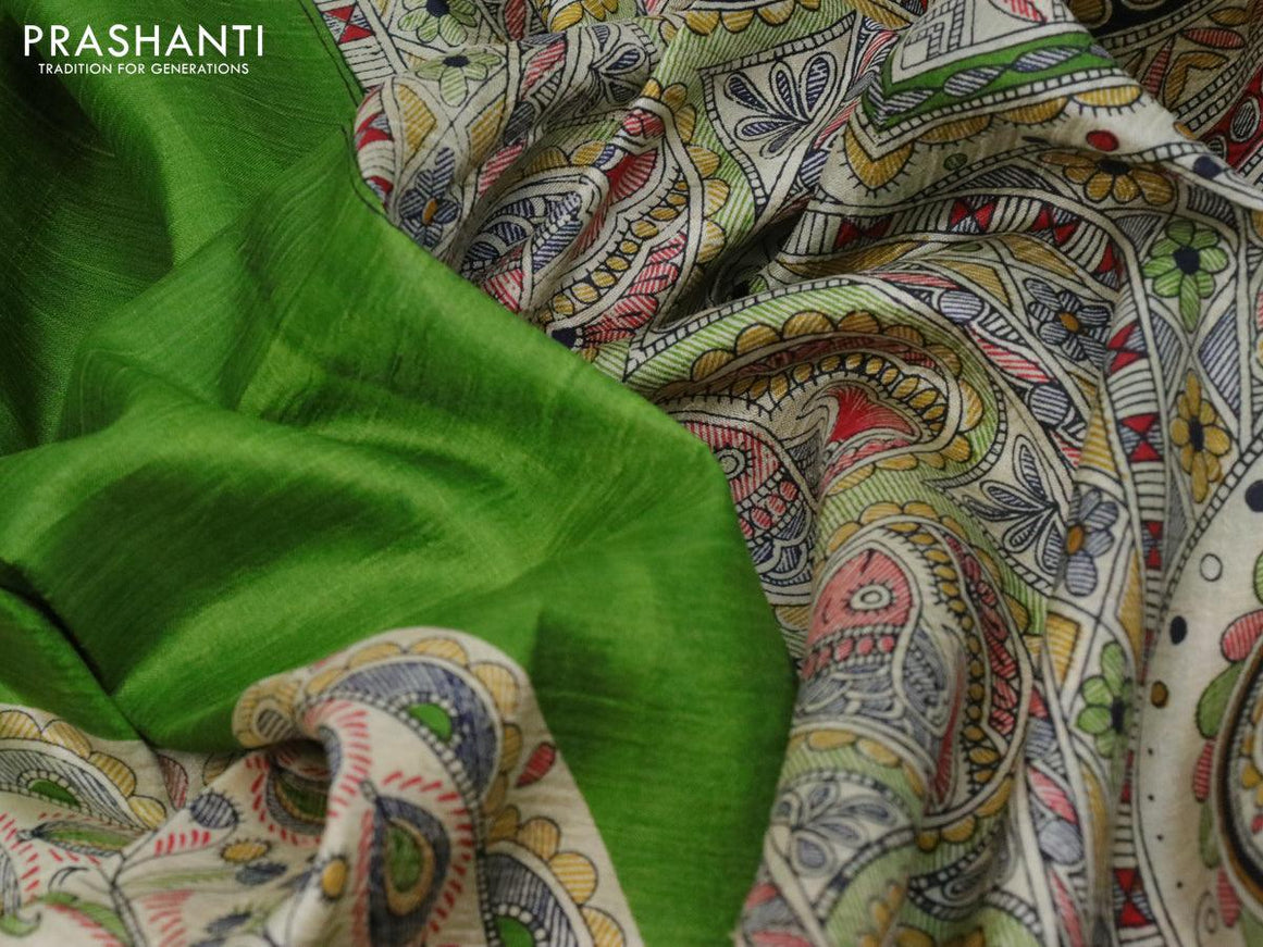 Madhubani printed silk saree light green and cream with allover prints and printed border