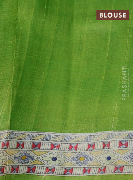 Madhubani printed silk saree light green and cream with allover prints and printed border