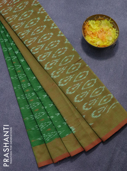 Ikat cotton saree green and dual shade of reddish green with allover ikat weaves and simple border without blouse