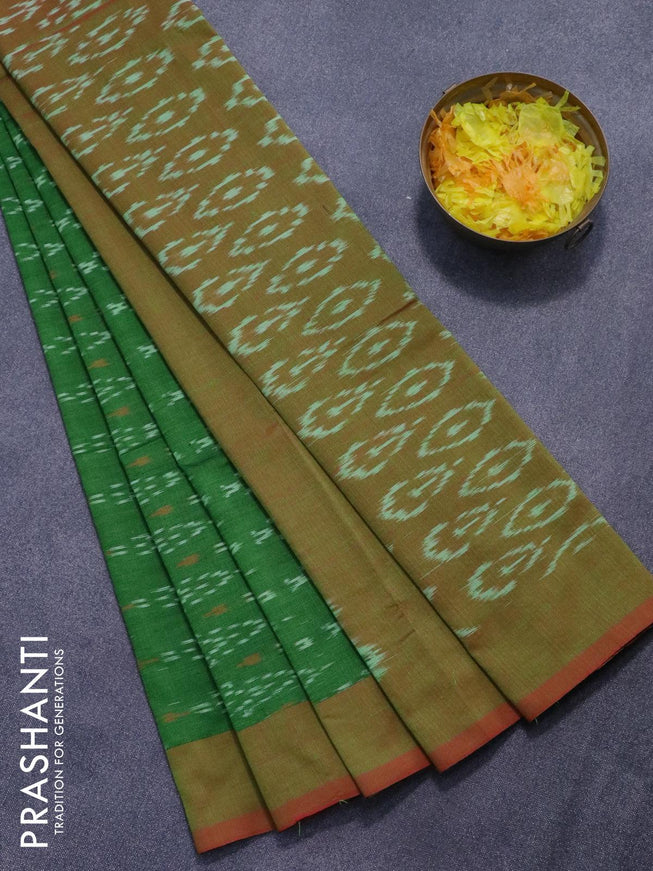 Ikat cotton saree green and dual shade of reddish green with allover ikat weaves and simple border without blouse