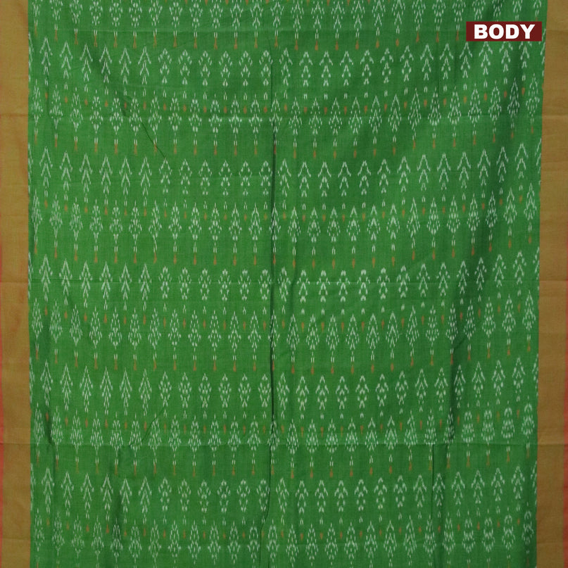 Ikat cotton saree green and dual shade of reddish green with allover ikat weaves and simple border without blouse