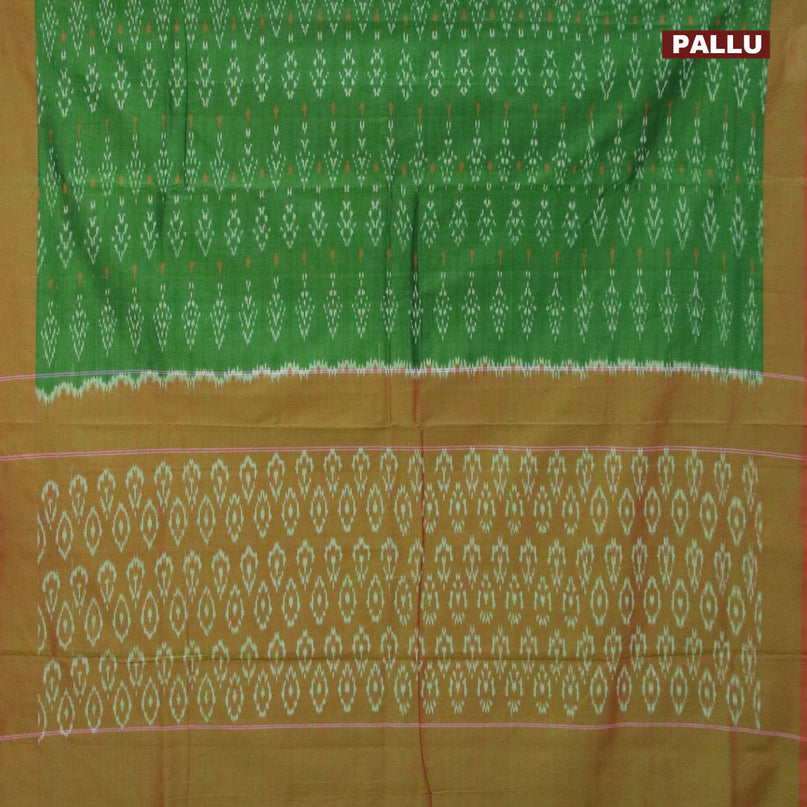 Ikat cotton saree green and dual shade of reddish green with allover ikat weaves and simple border without blouse