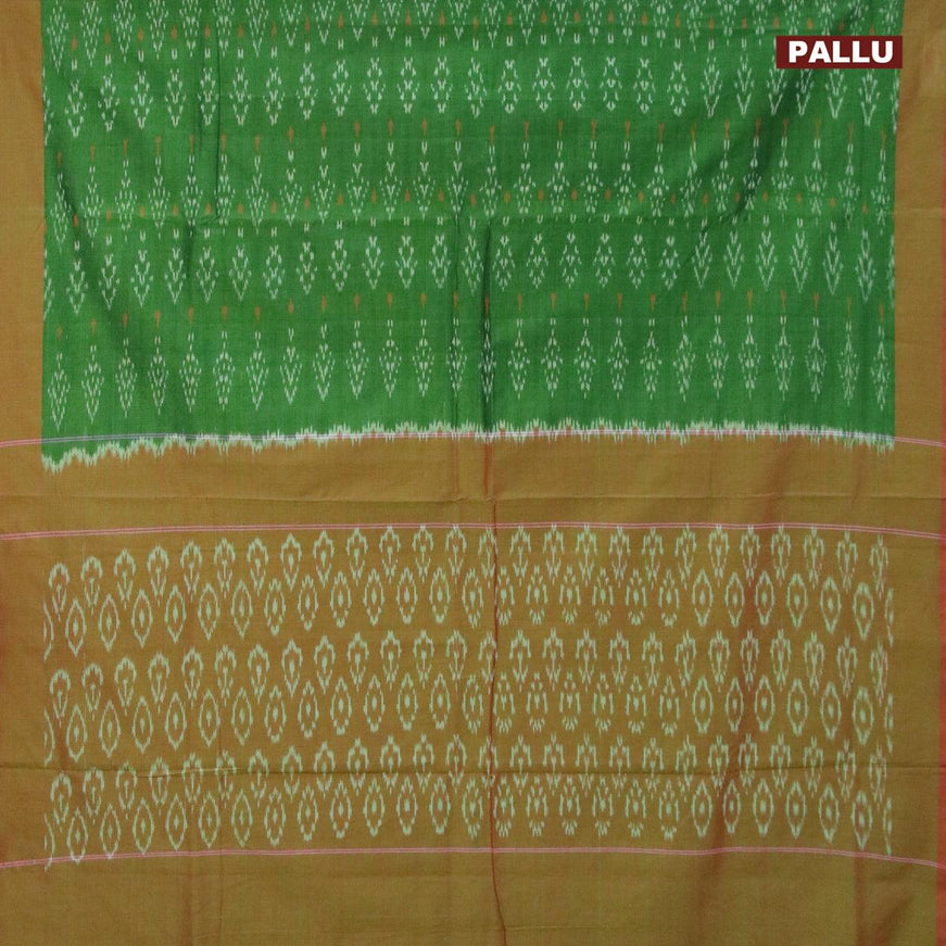 Ikat cotton saree green and dual shade of reddish green with allover ikat weaves and simple border without blouse