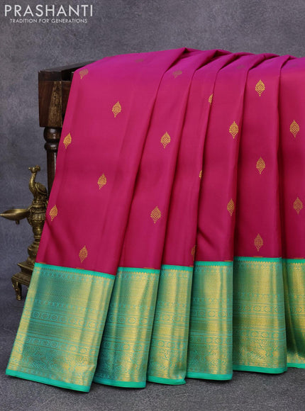 Pure kanjivaram silk saree magenta pink and teal green shade with allover zari woven buttas and long rich zari woven border butta style