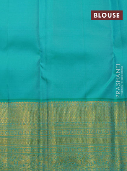 Pure kanjivaram silk saree magenta pink and teal green shade with allover zari woven buttas and long rich zari woven border butta style